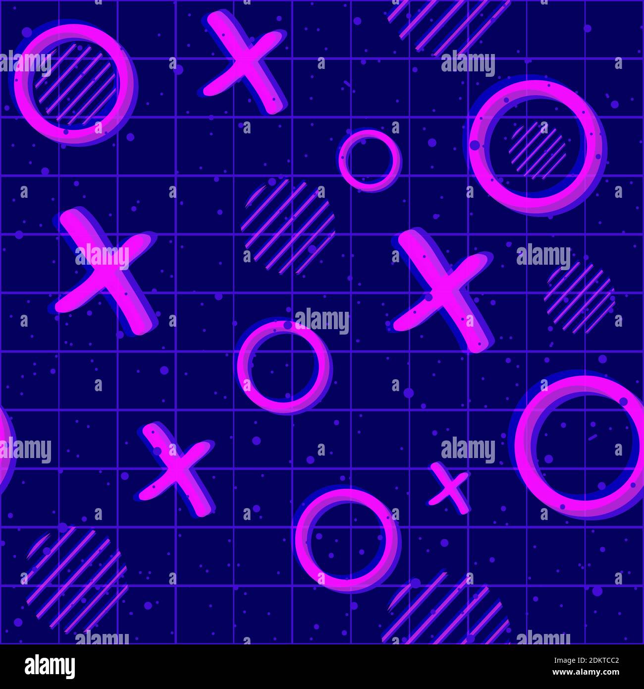 Néons psychédéliques x et o motif sans couture pour les jeux. Arrière-plan répétitif de cyber-punk violet et rose. Illustration de Vecteur