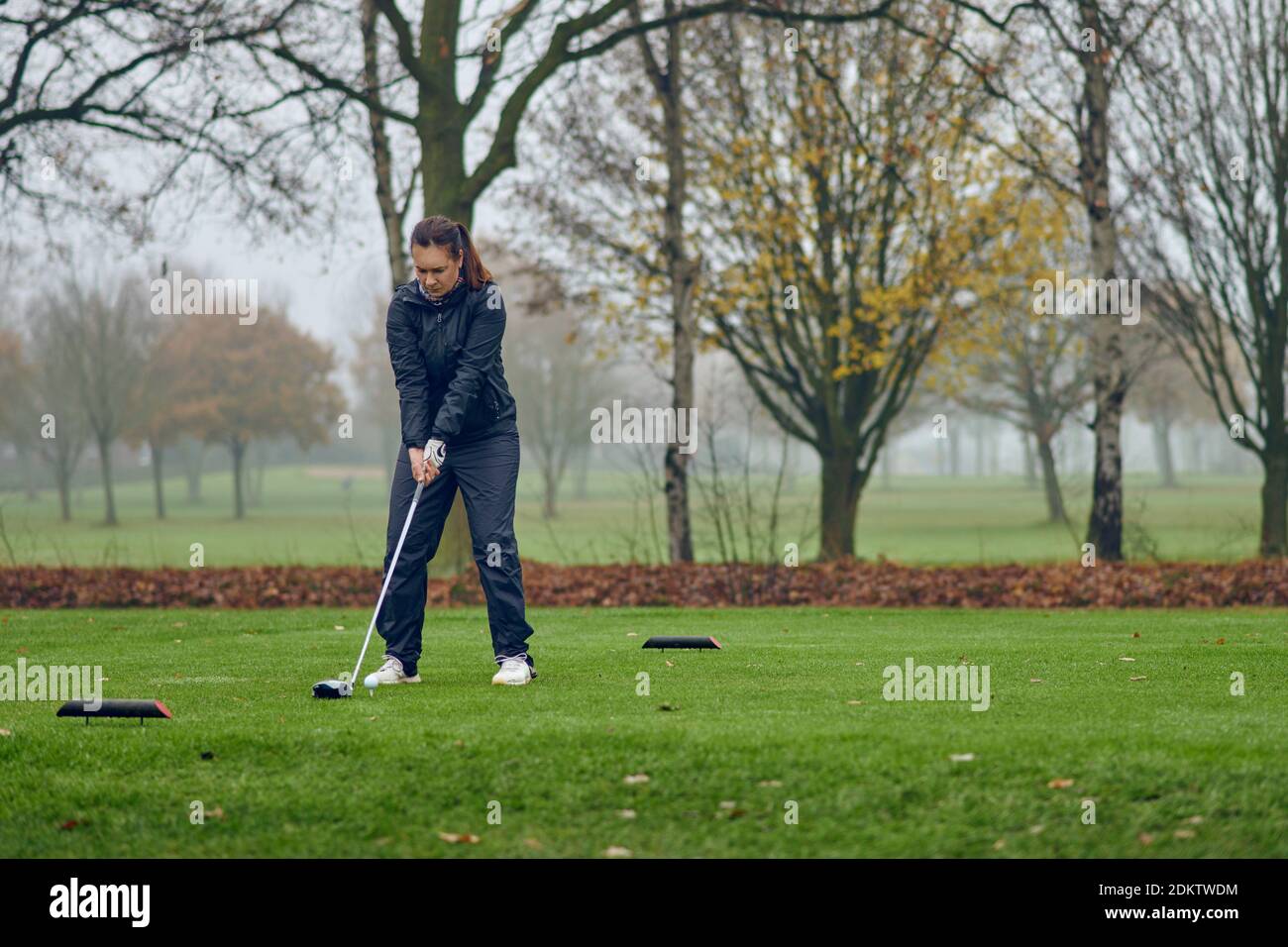 Femme d'âge moyen jouant au golf lors d'une journée d'hiver froide et brumeuse sur un terrain de parc qui se délague de l'alignement de sa prise de vue Banque D'Images