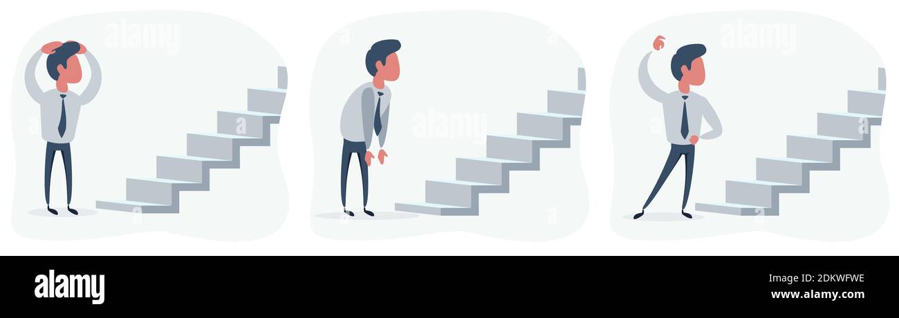 Homme regardant l'escalier de nouvelles opportunités ou de nouveaux défis. Illustration vectorielle plate. Illustration de Vecteur