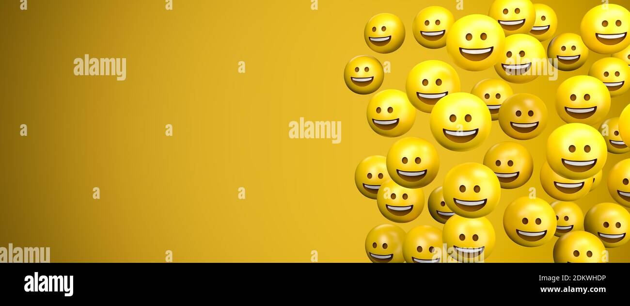 rendu 3d d'un grand groupe de smileys emoji à large sourire. Espace de copie - taille de la bannière Web. Banque D'Images