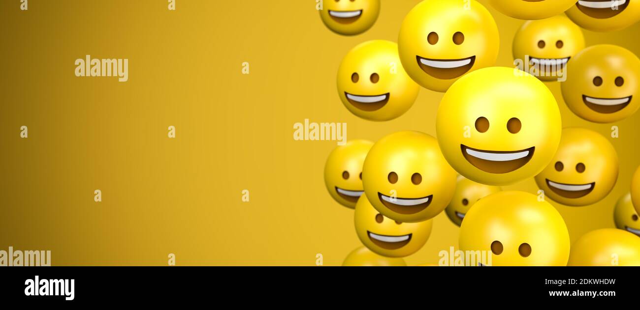 rendu 3d d'un grand groupe de smileys emoji à large sourire. Espace de copie - taille de la bannière Web. Banque D'Images