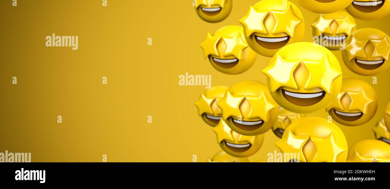 rendu 3d d'un grand groupe de smileys emoji avec des étoiles comme yeux. À étoiles. Concept d'amour. Espace de copie - taille de la bannière Web. Banque D'Images