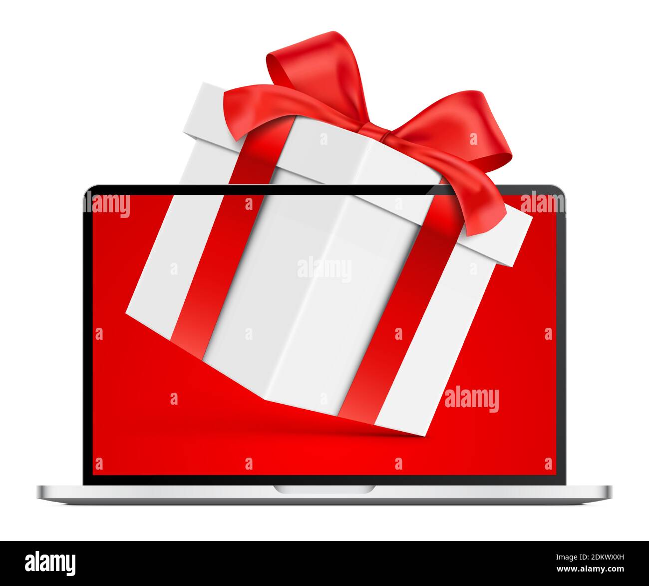 Concept d'achat en ligne, avec un ordinateur portable moderne ouvert, et boîte cadeau attaché avec le ruban rouge. Illustration vectorielle réaliste pour la décoration de design de shopping de vacances, isolée sur fond blanc. Illustration de Vecteur
