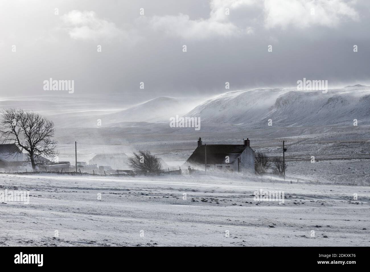 Avec la toile de fond dramatique de Cronkley est tombé, Sprindrift cours d'eau à travers le paysage et engloutit une ferme dans Upper Teesdale, comté de Durham, Royaume-Uni Banque D'Images