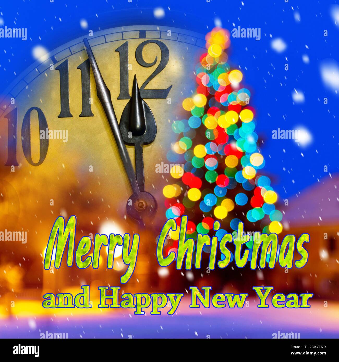 Horloge du nouvel an avec décoration et écriture Joyeux Noël et Bonne Année. Banque D'Images