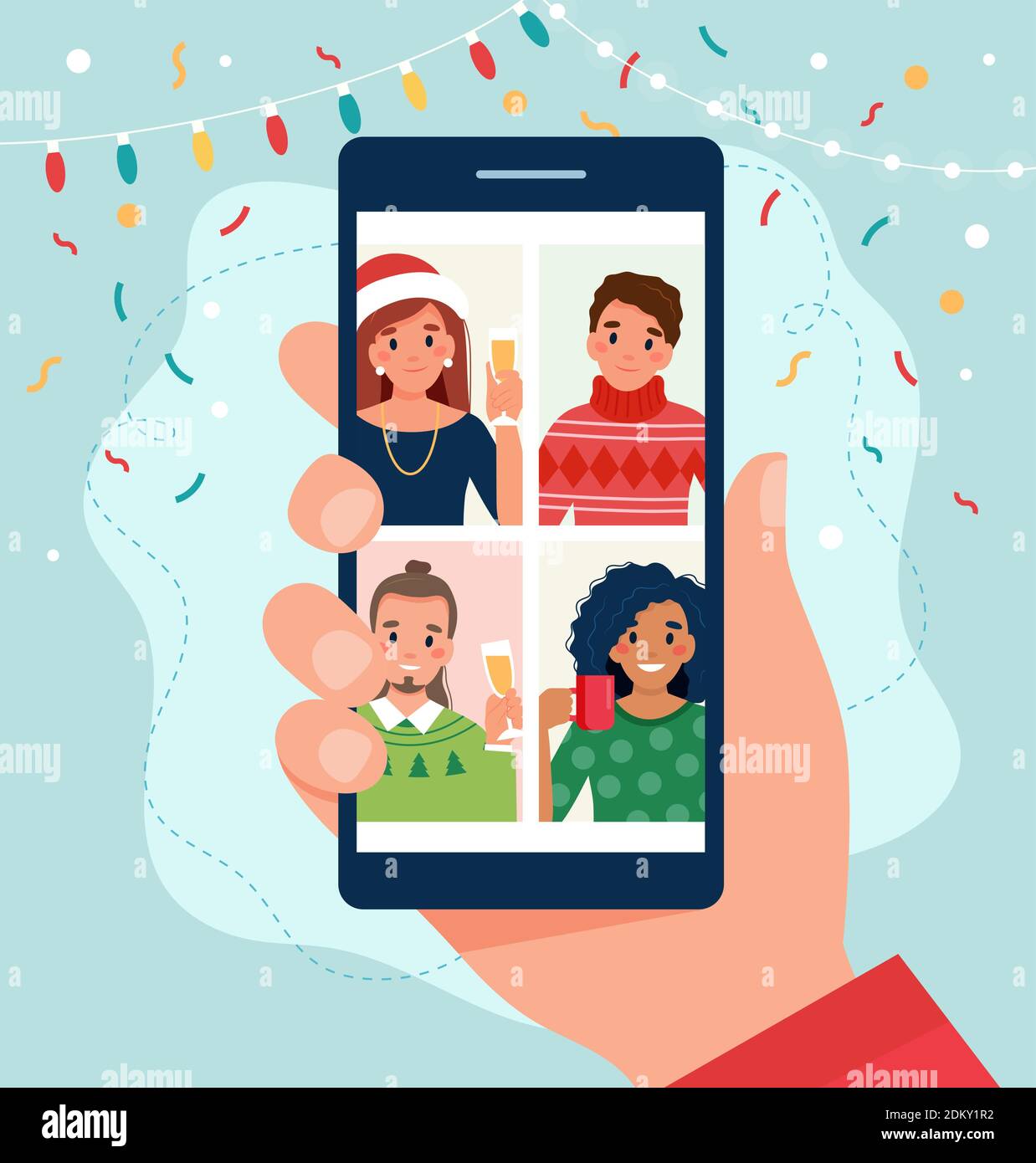 Fête de noël en ligne. Réunion de groupe par vidéoconférence à Noël. Illustration de Vecteur