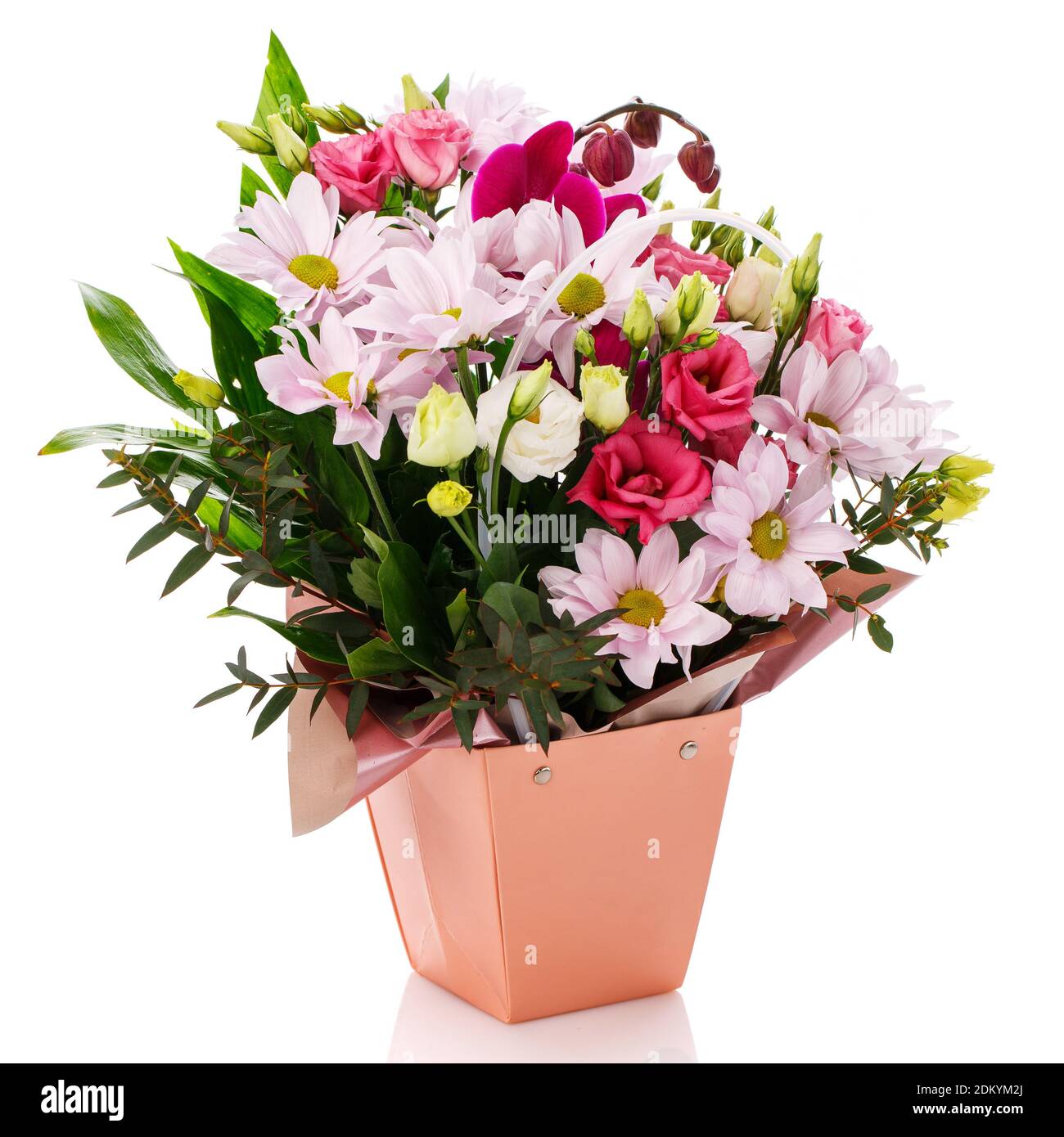 Gerberas roses, roses, eustoma et feuilles vertes dans une boîte rose sur fond blanc. Banque D'Images