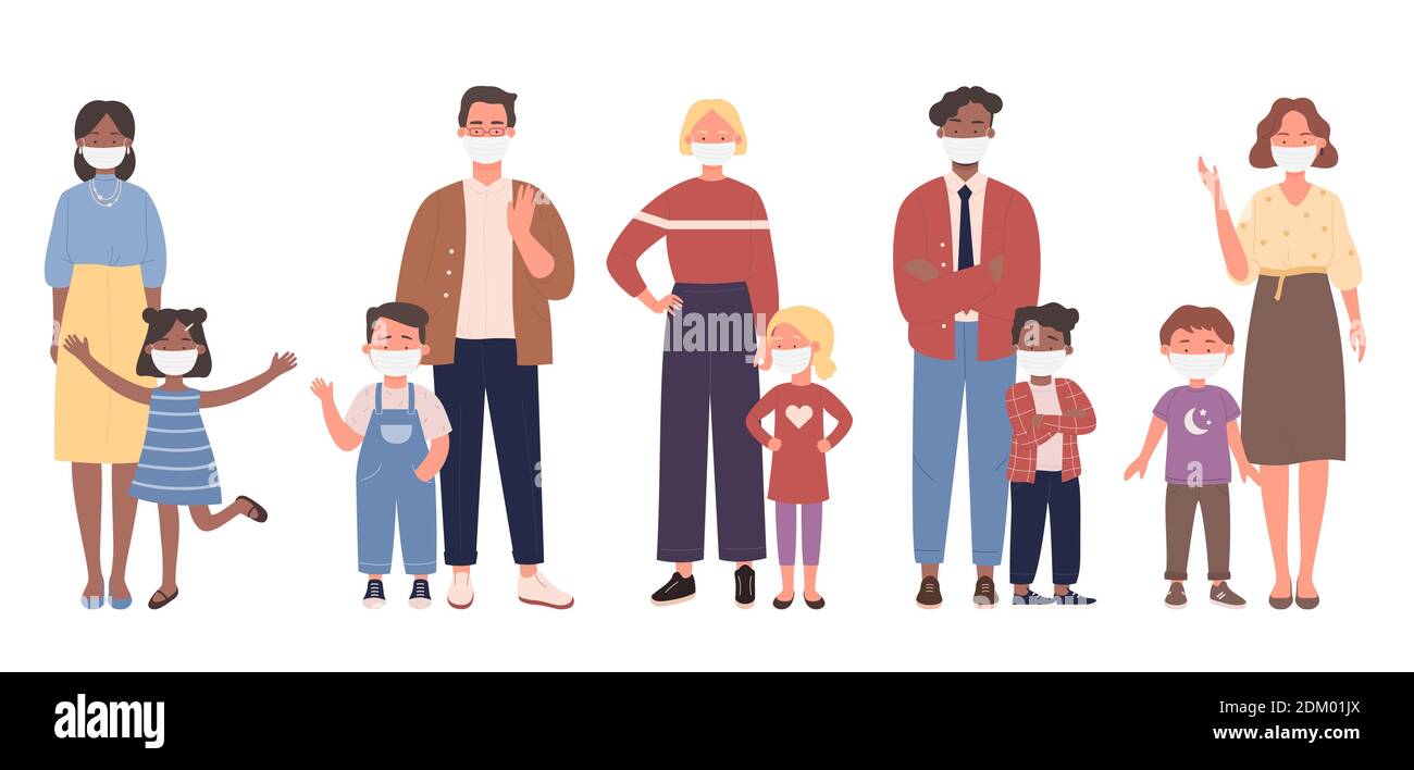 Jeu d'illustrations vectorielles pour parents et enfants. Personnages de la famille de dessins animés debout ensemble, mère, père et enfant portant le visage masque médical pour protéger et soigner la santé isolé sur blanc Illustration de Vecteur