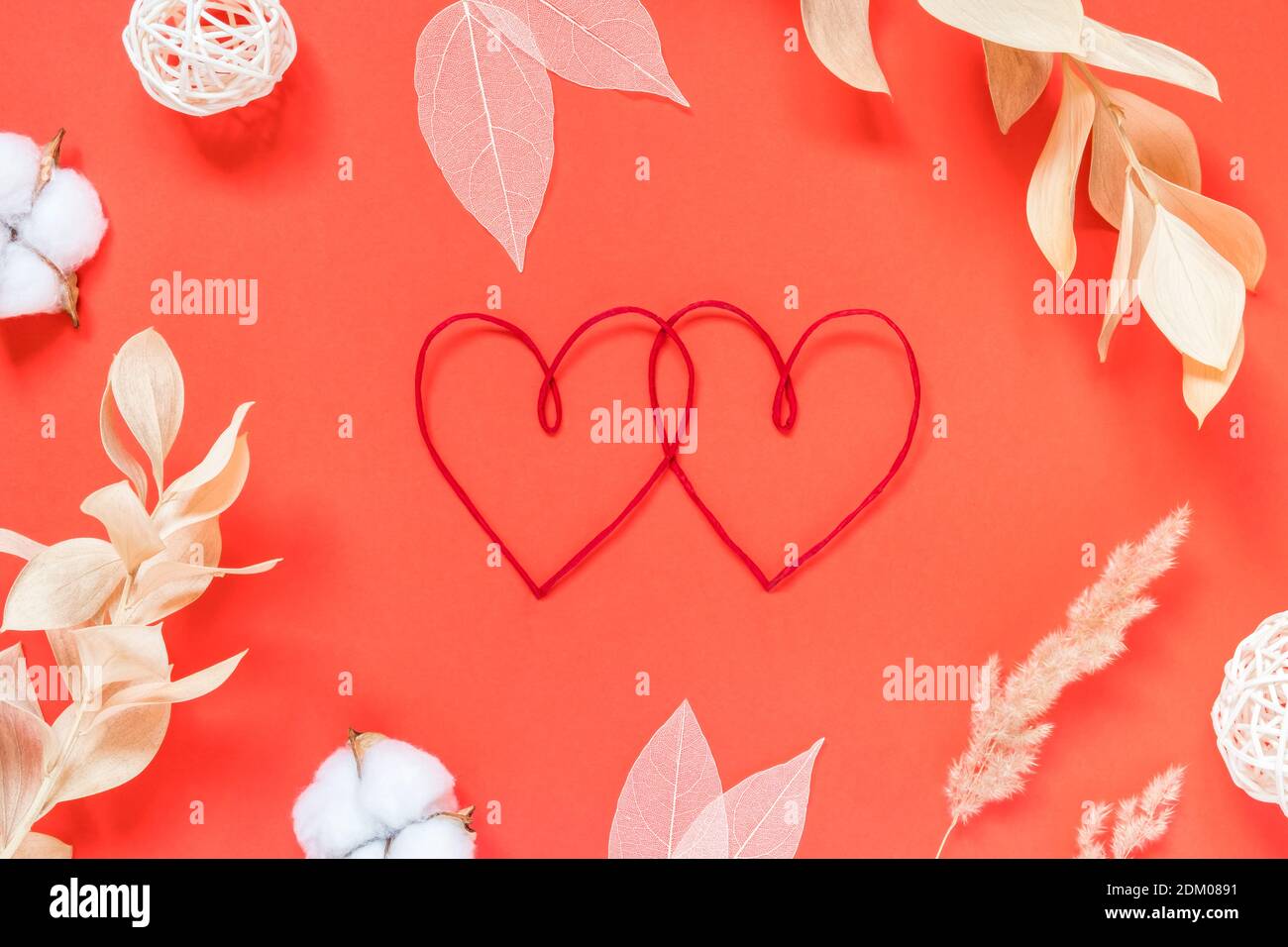 Saint-Valentin, amour, concept romantique. Coeurs rouges et différentes fleurs séchées sur fond rouge. plat. Banque D'Images