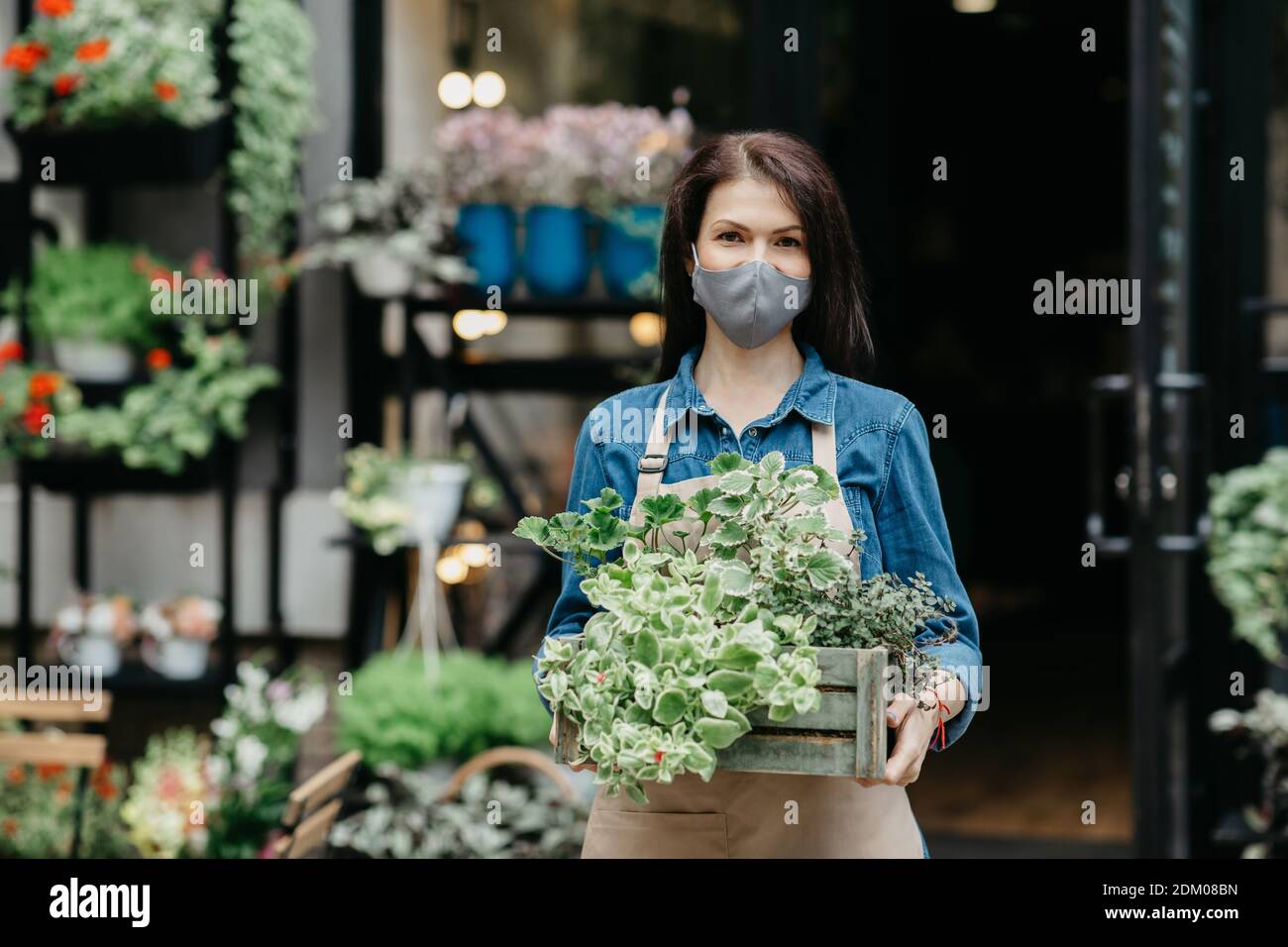 Soin des plantes, travaux de jardinier, studio de fleurs et nouvelle normale pendant la quarantaine Covid-19 Banque D'Images