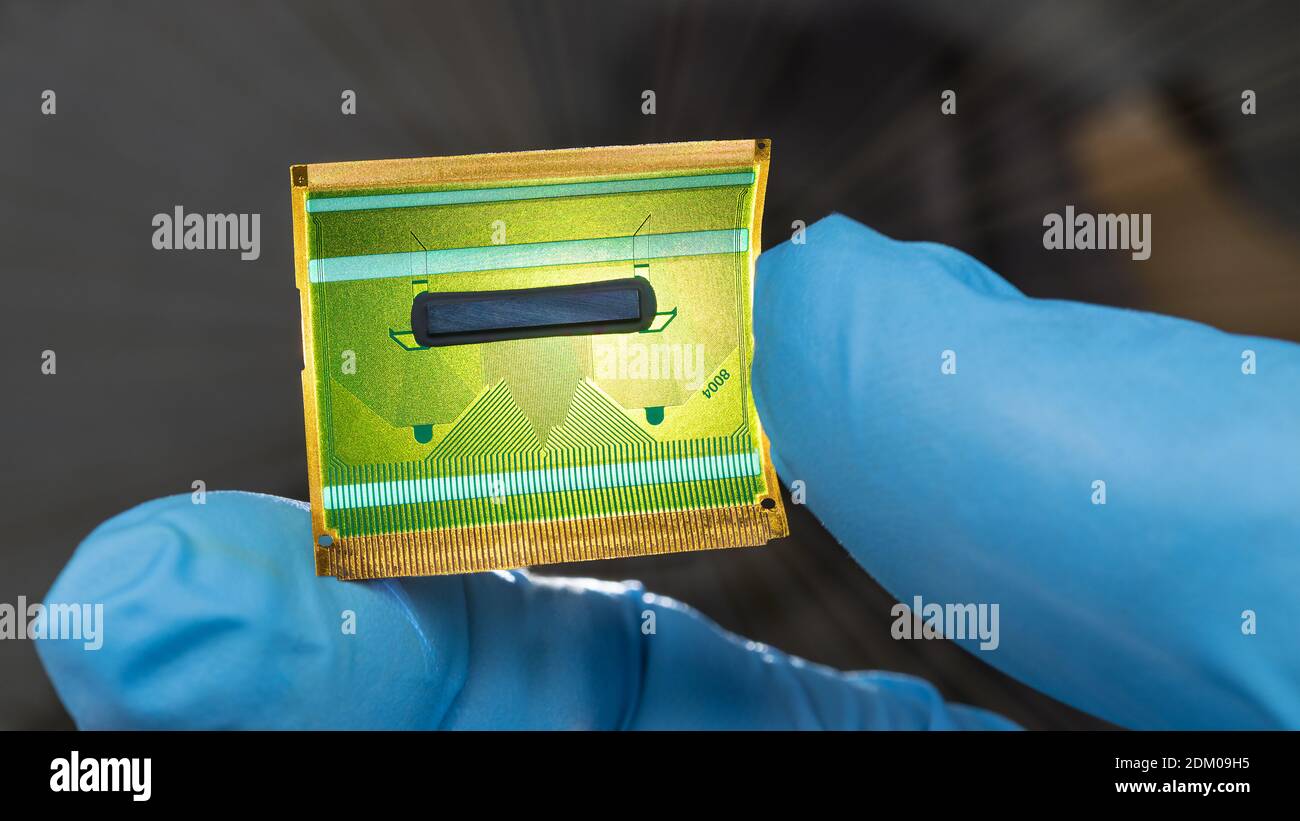 Gros plan de la carte de circuit imprimé flexible avec détails des doigts humains sur fond sombre. Main dans un gant bleu tenant une carte de circuit imprimé flexible en plastique vert pour les dispositifs LCD. Tech. Banque D'Images