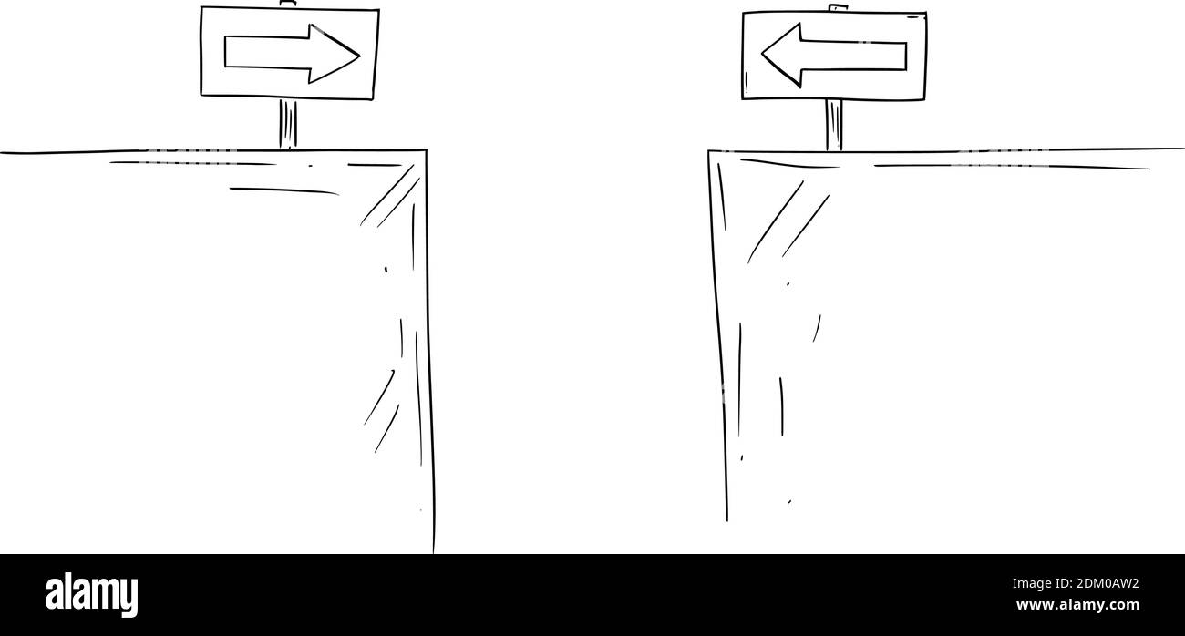 Dessin vectoriel de dessin ou illustration de deux manières avec des panneaux de signalisation routière menant à la chute de canyon, de gouffre ou d'abîme. Concept d'échec, voie de succès et obstacle. Illustration de Vecteur