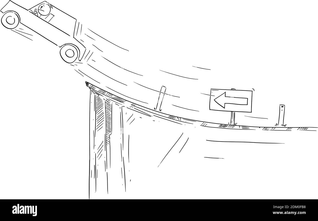 Illustration vectorielle représentant un bâton de dessin animé montrant un conducteur volant sur une extrémité inattendue de la route. Concept de problème, de risque, d'investissement ou de crise soudaine. Illustration de Vecteur