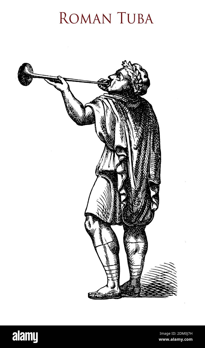 Ancien romain jouant le tuba, signal de bronze trompette joué dans l'armée et aux funérailles Banque D'Images