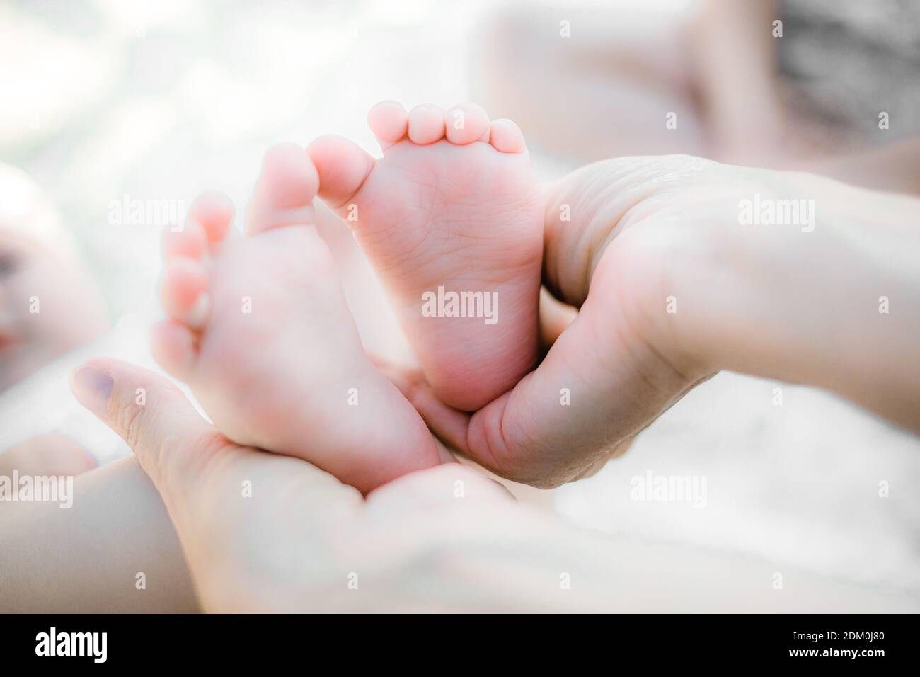 La mère tient doucement les petits pieds de son bébé dans ses mains. L'amour et les sentiments d'un parent pour son nouveau-né. Banque D'Images
