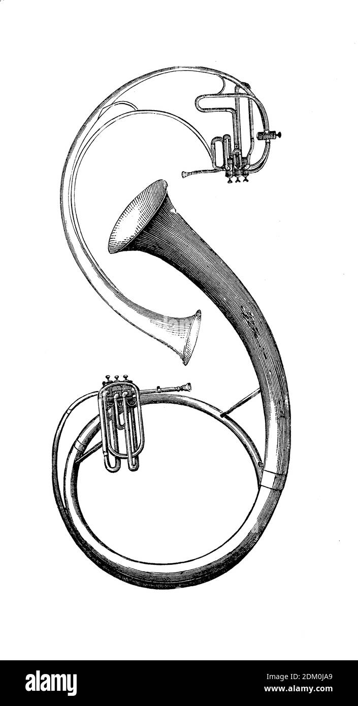 Instruments de musique : le saxhorn développé par Adolphe Sax au XIXe  siècle, prototype d'instrument en laiton à trois soupapes de la famille du  saxhorn, conçu pour une utilisation en groupe Photo