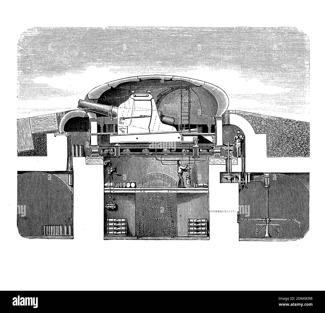 Tourelle blindée pour fortifications militaires défensives, développée par les industries Hermann Gruson à Magdebourg- Allemagne, gravure du XIXe siècle Banque D'Images