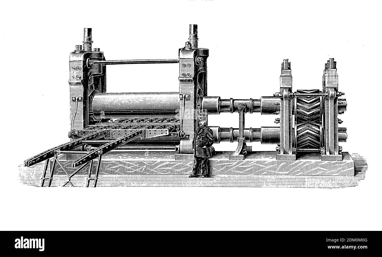 Machines industrielles : deux laminoirs à rouleaux utilisés pour écraser des matériaux entre deux rouleaux avant de traiter le produit final jusqu'à sa destination finale, gravure du XIXe siècle Banque D'Images
