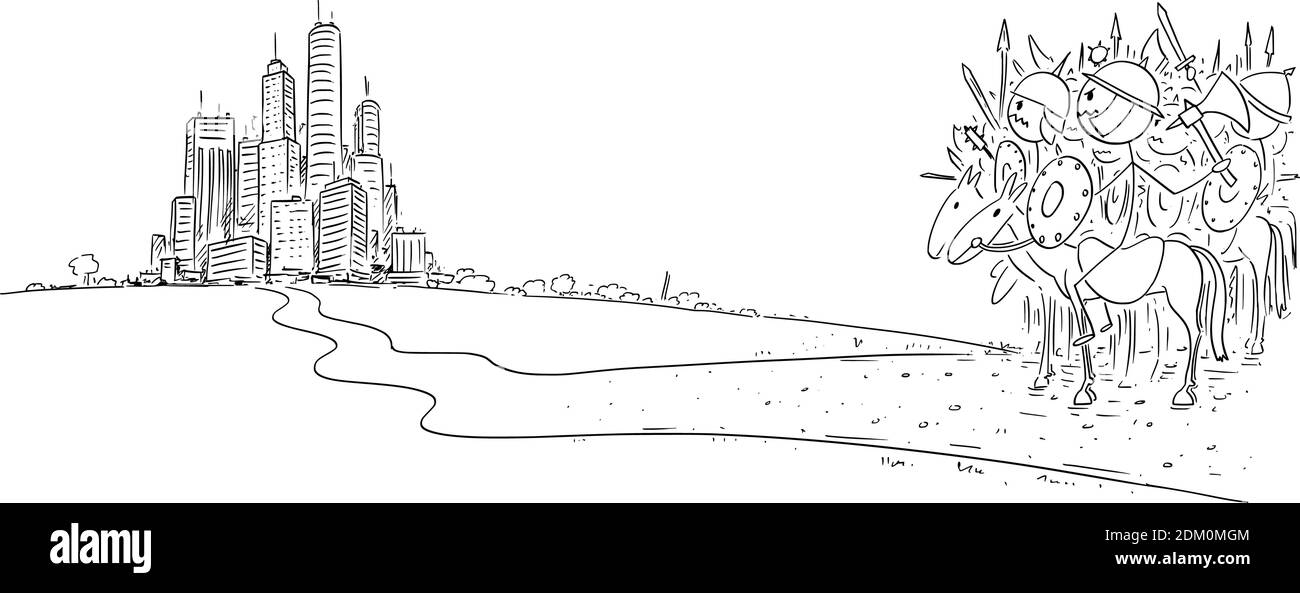 Dessin animé vectoriel figure illustration de l'armée de maraudeurs ou de raiders médiévaux ou anciens prêts à attaquer une ville ou une civilisation moderne. Illustration de Vecteur