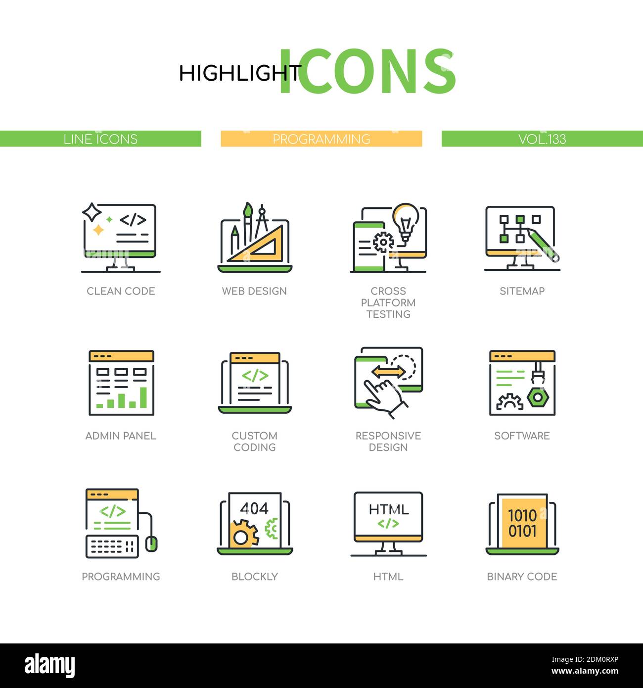 Programmation - jeu d'icônes de style design de ligne moderne. Idée de service de développement de code et de site Web. Code propre, test multi plate-forme, plan du site, volet d'administration Illustration de Vecteur