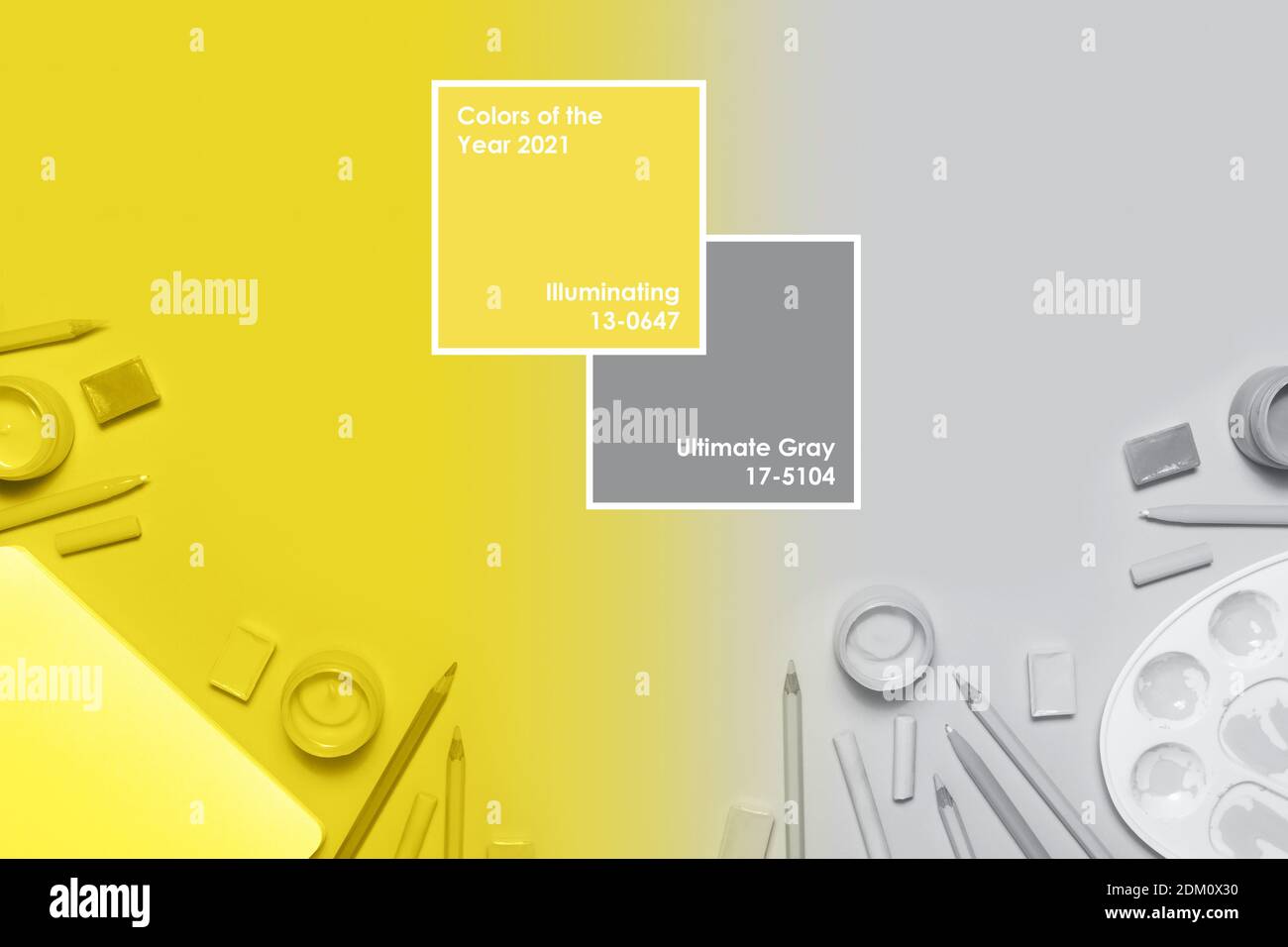 Lieu de travail de l'artiste avec outils jaune laluminant et gris ultime. Design créatif montrant les couleurs de l'année 2021 avec cadre et texte Banque D'Images