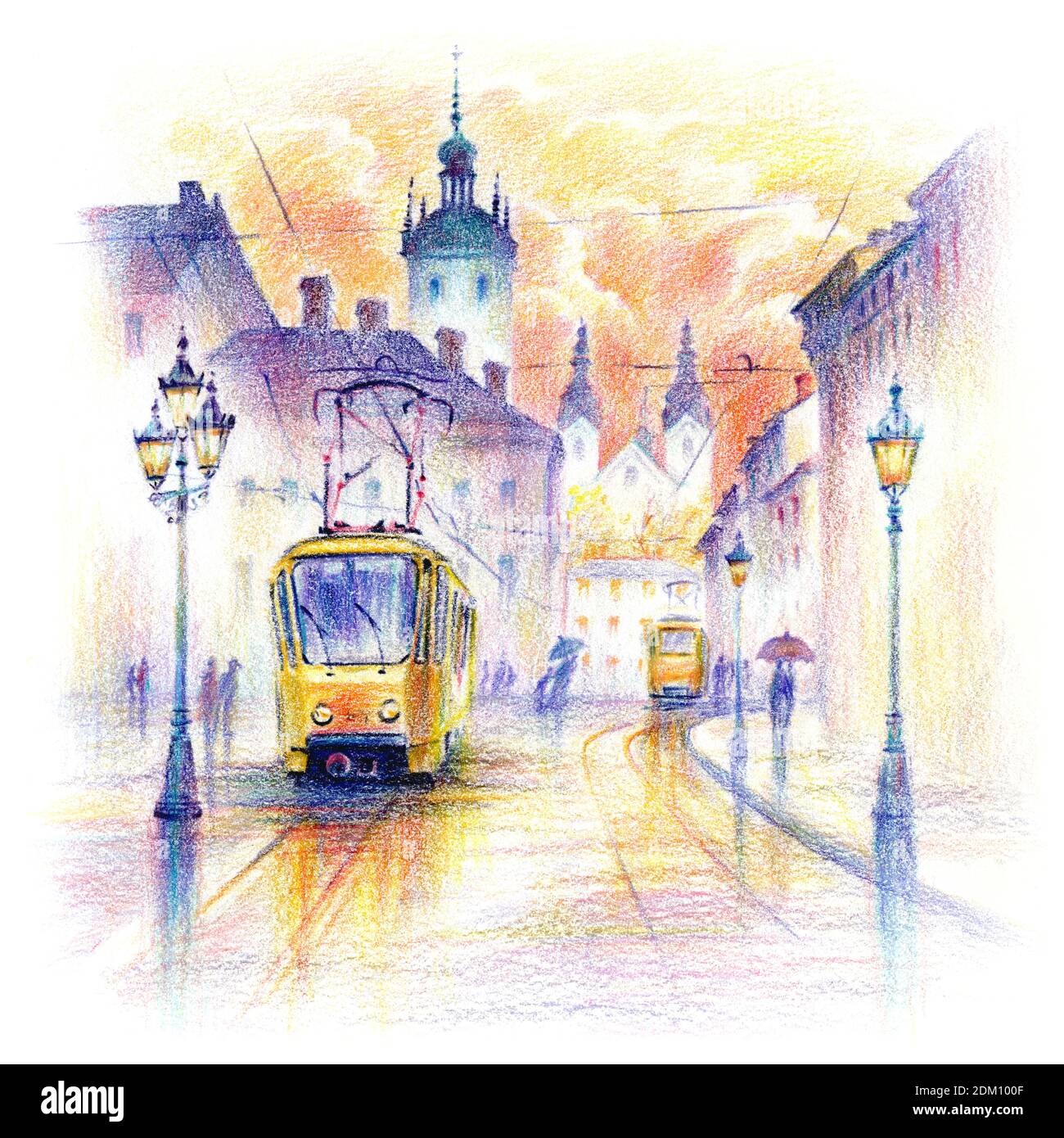 Crayons de couleur coplée croquis de la place Rynok pluvieuse dans la vieille ville de Lviv au lever du soleil, en Ukraine. Banque D'Images