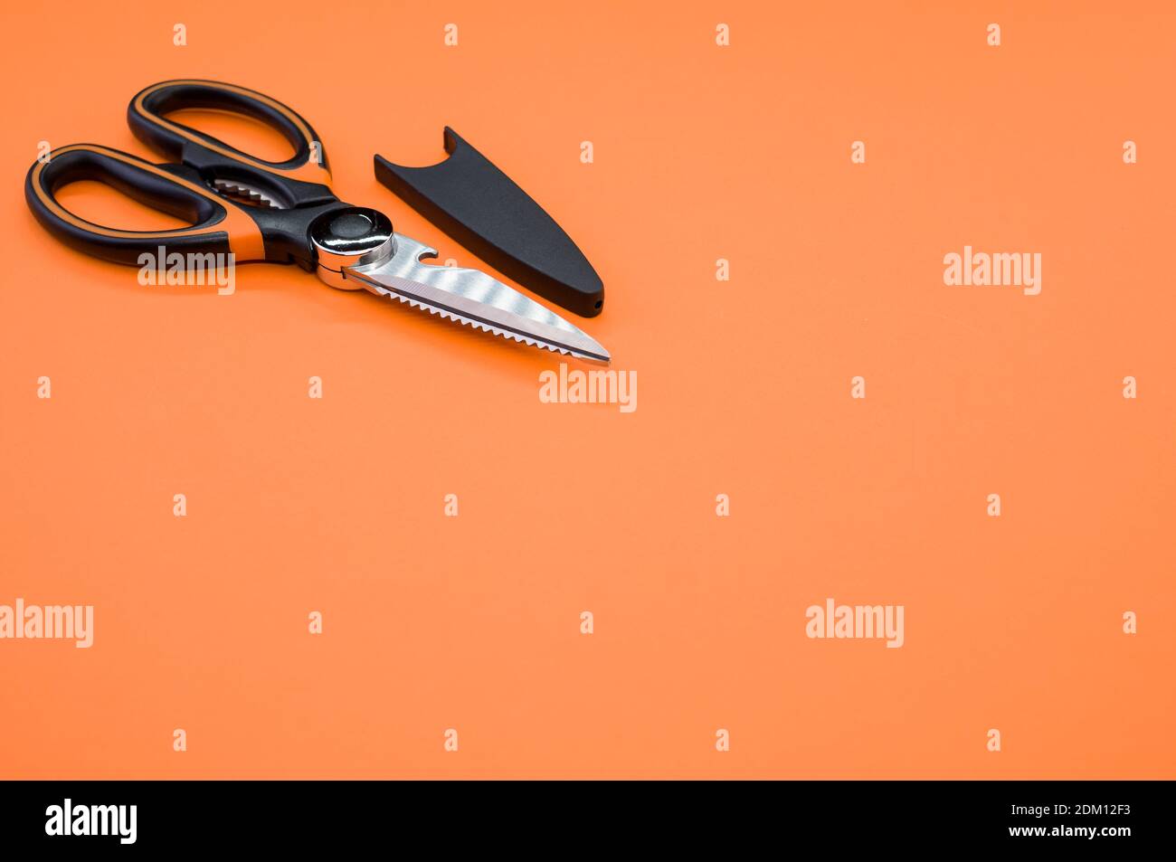 Gros plan de ciseaux isolés sur fond rose. Outil de coupe avec lames zigzag, copier l'espace Banque D'Images