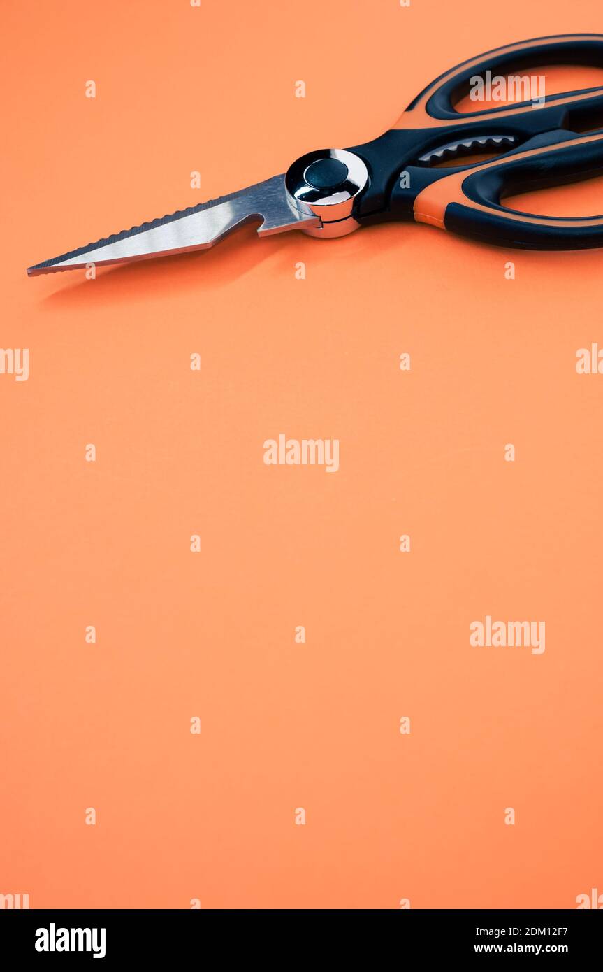 Un cliché vertical de ciseaux isolés sur fond rose. Outil de coupe avec lames zigzag, copier l'espace Banque D'Images