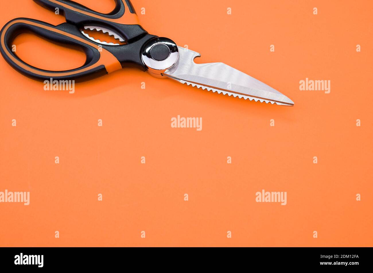 Gros plan de ciseaux isolés sur fond rose. Outil de coupe avec lames zigzag, copier l'espace Banque D'Images