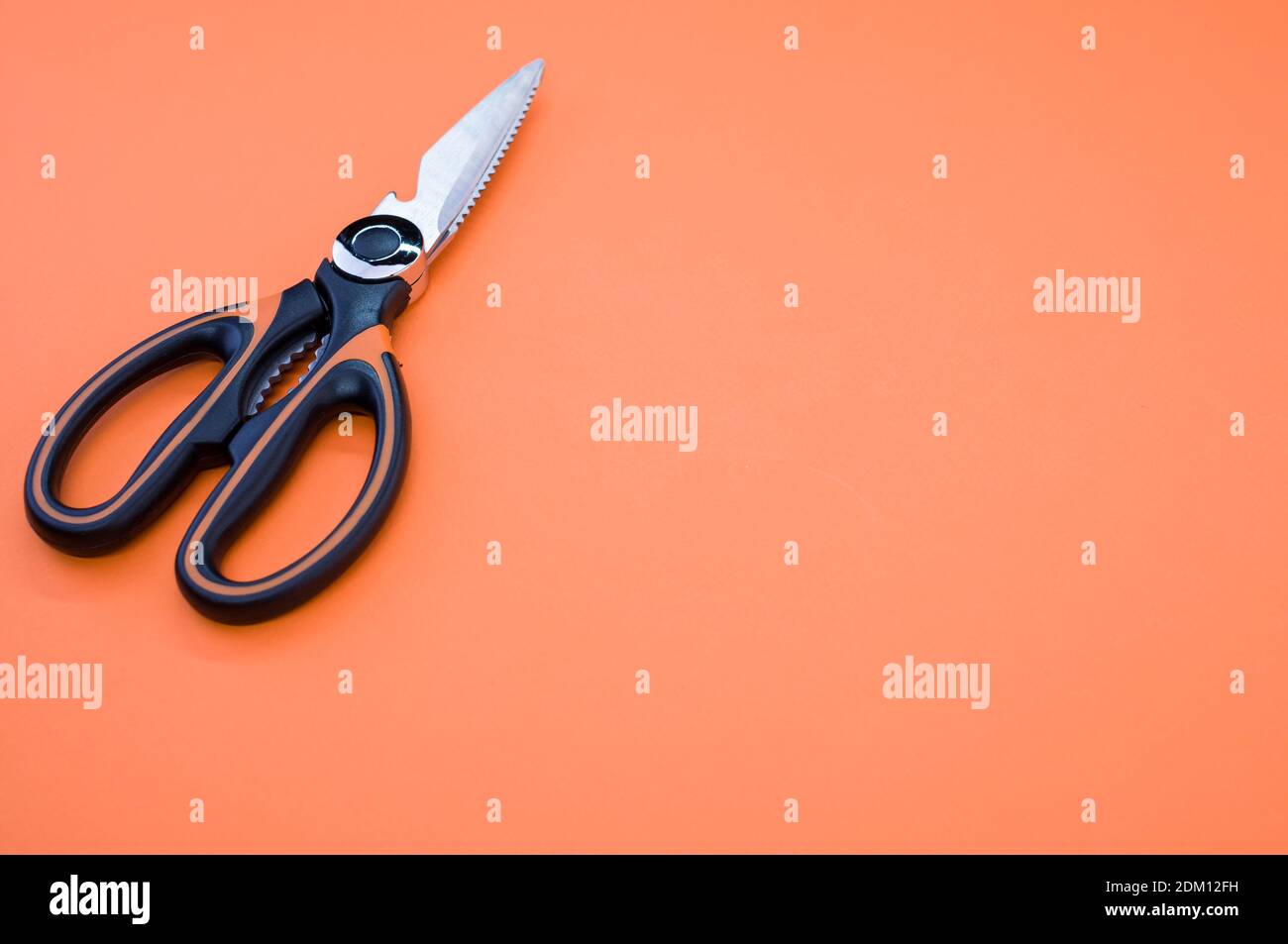 Gros plan de ciseaux isolés sur fond rose. Outil de coupe avec lames zigzag, copier l'espace Banque D'Images