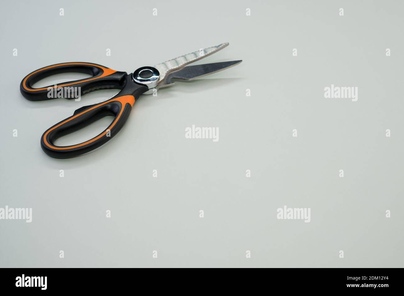 Gros plan de ciseaux isolés sur fond bleu. Outil de coupe avec lames zigzag, copier l'espace Banque D'Images