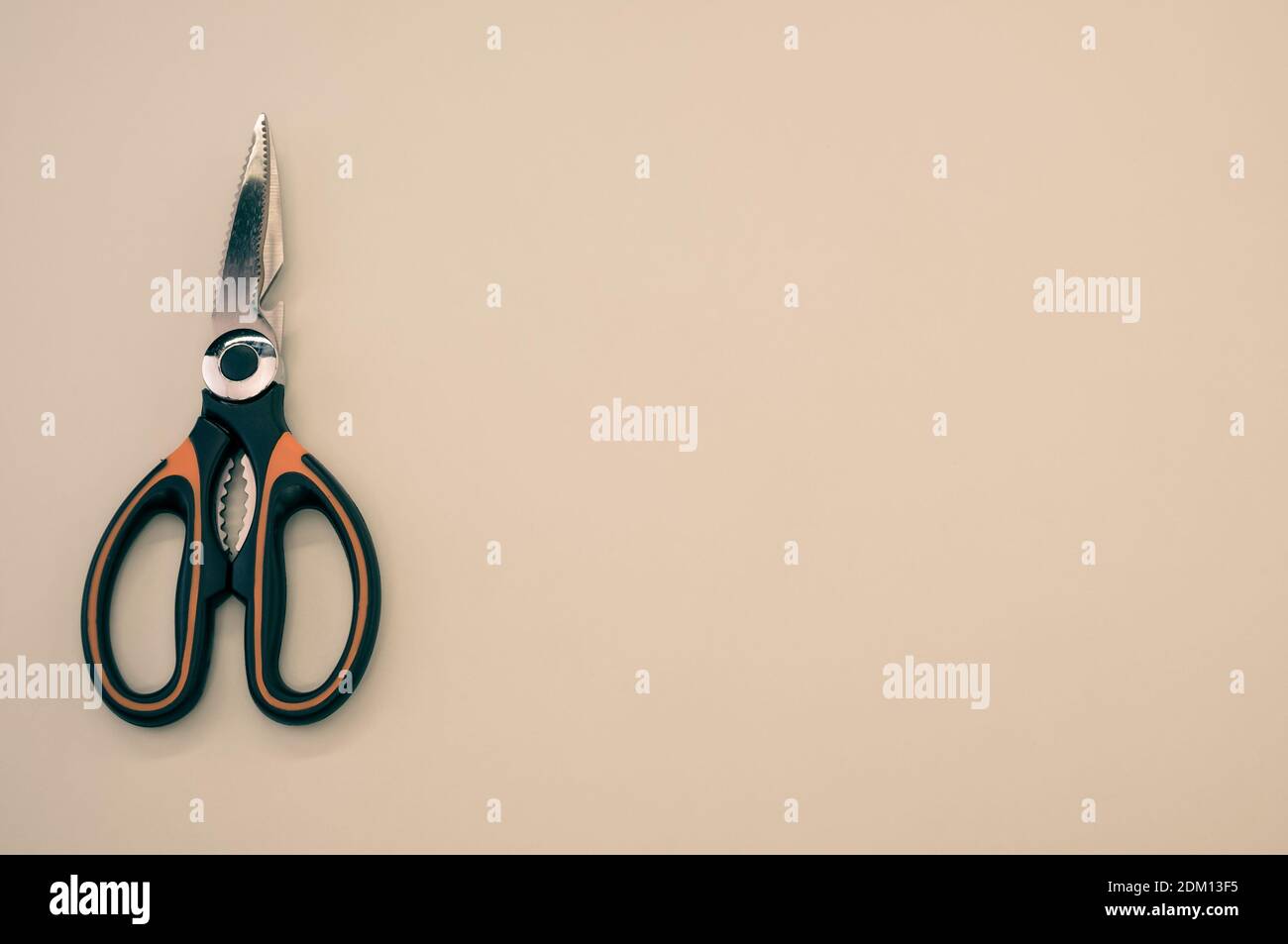 Gros plan de ciseaux isolés sur fond taupe. Outil de coupe avec lames zigzag, copier l'espace Banque D'Images