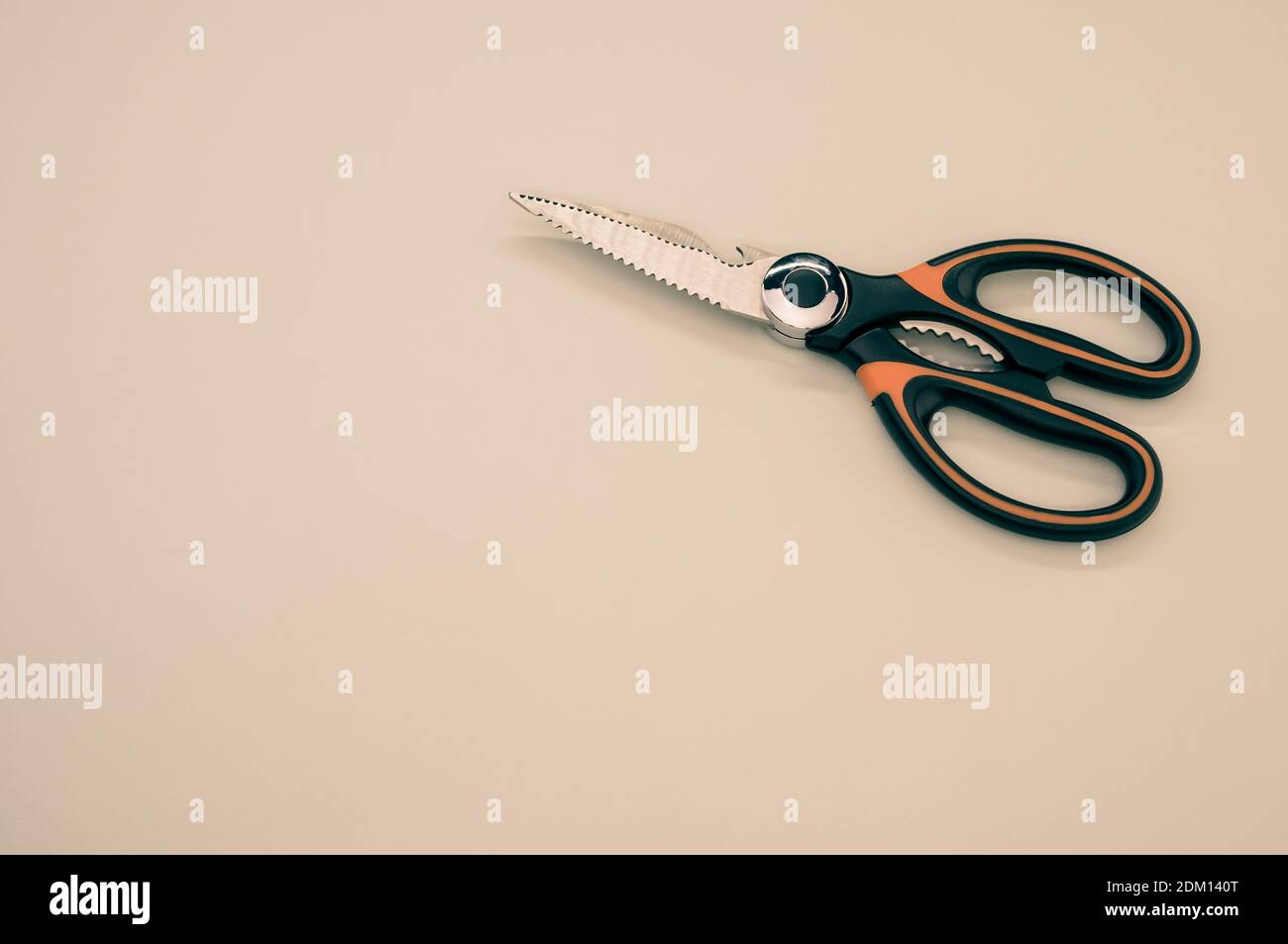 Gros plan de ciseaux isolés sur fond taupe. Outil de coupe avec lames zigzag, copier l'espace Banque D'Images