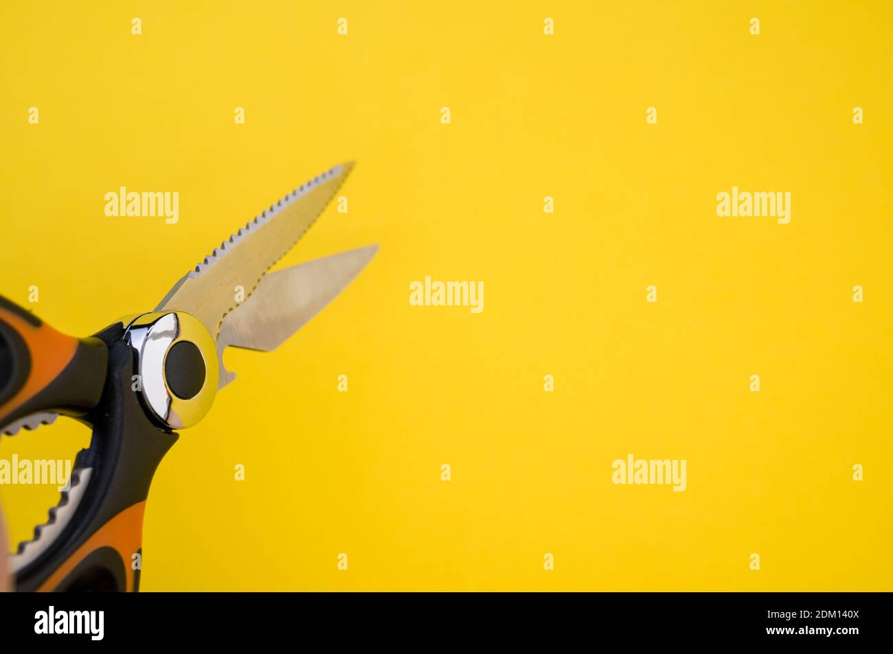 Gros plan de ciseaux isolés sur fond jaune. Outil de coupe avec lames zigzag, copier l'espace Banque D'Images