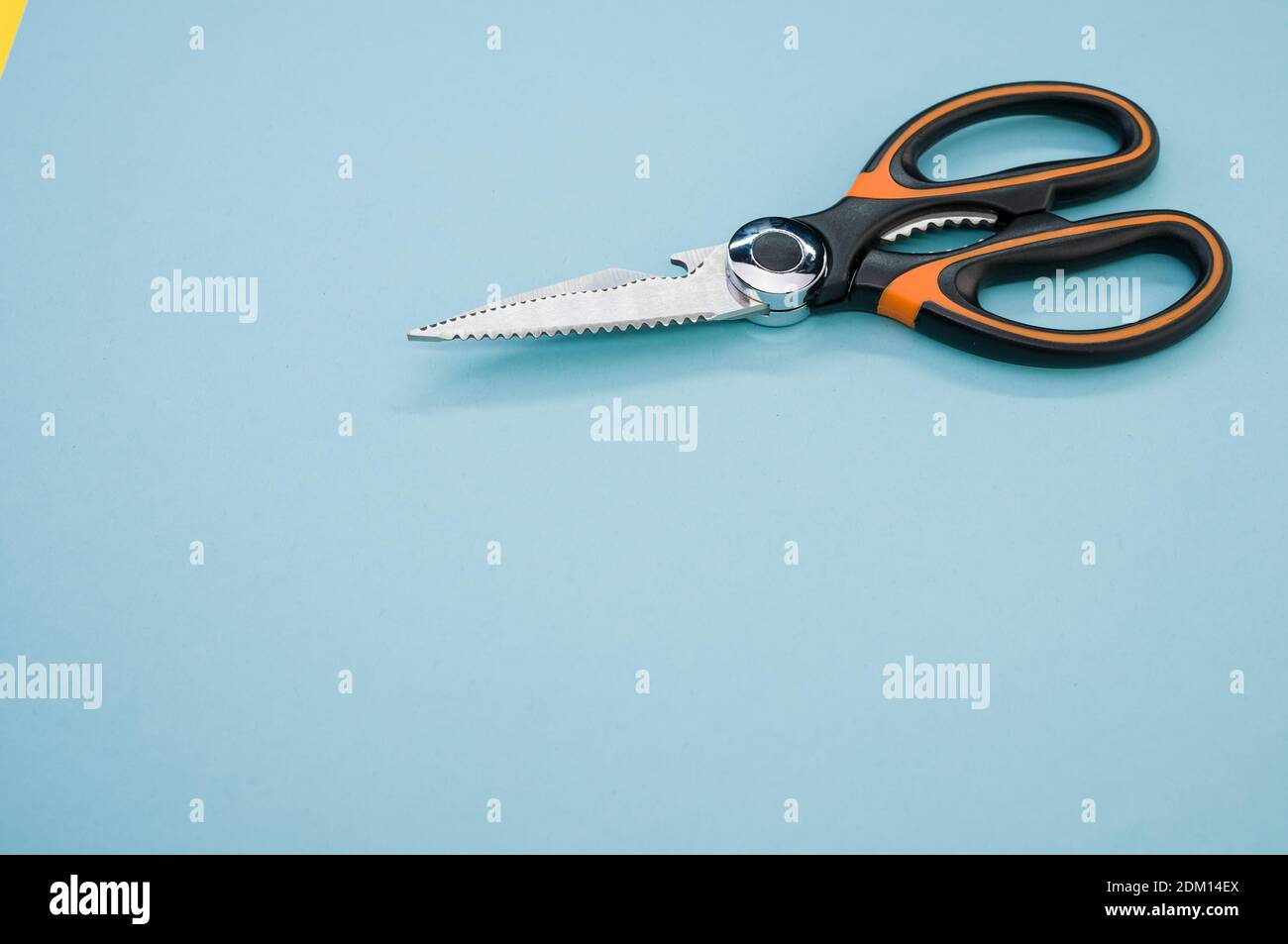 Gros plan de ciseaux isolés sur fond bleu. Outil de coupe avec lames zigzag, copier l'espace Banque D'Images