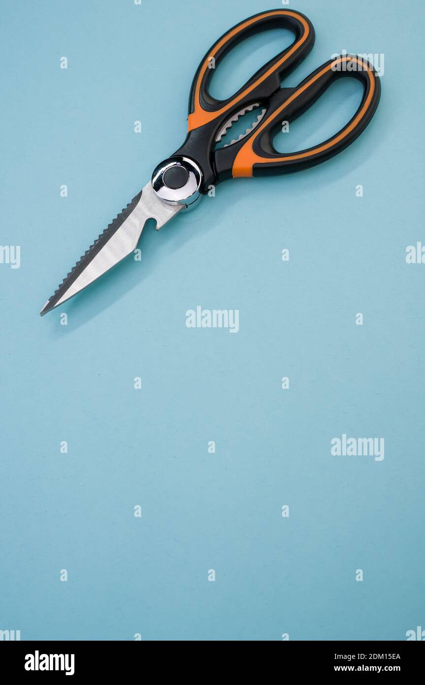 Un cliché vertical de ciseaux isolés sur fond bleu. Outil de coupe avec lames zigzag, copier l'espace Banque D'Images