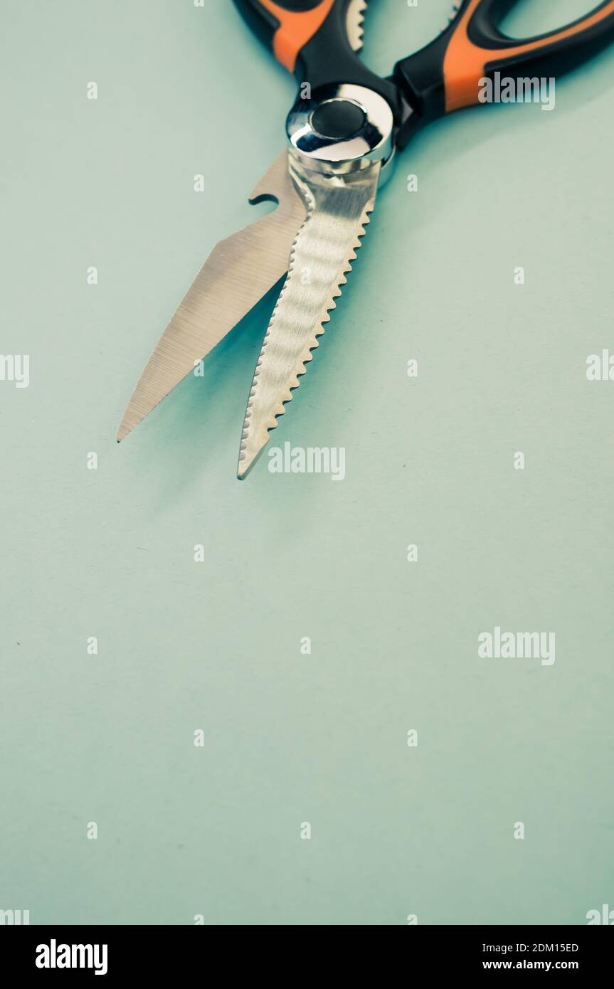 Un cliché vertical de ciseaux isolés sur fond vert. Outil de coupe avec lames zigzag, copier l'espace Banque D'Images
