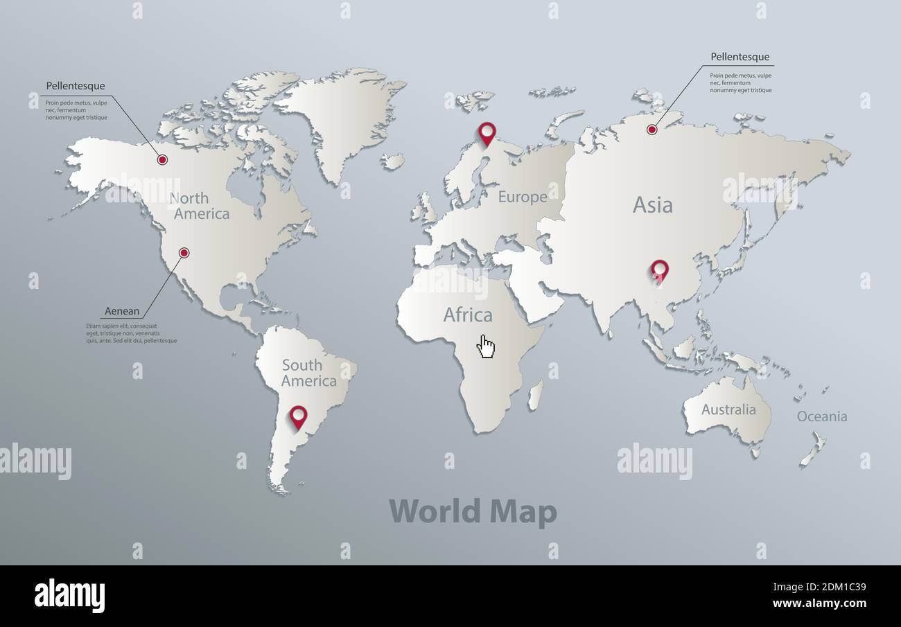Carte des continents du monde, avec noms continent, carte bleue blanc papier vecteur 3D Illustration de Vecteur