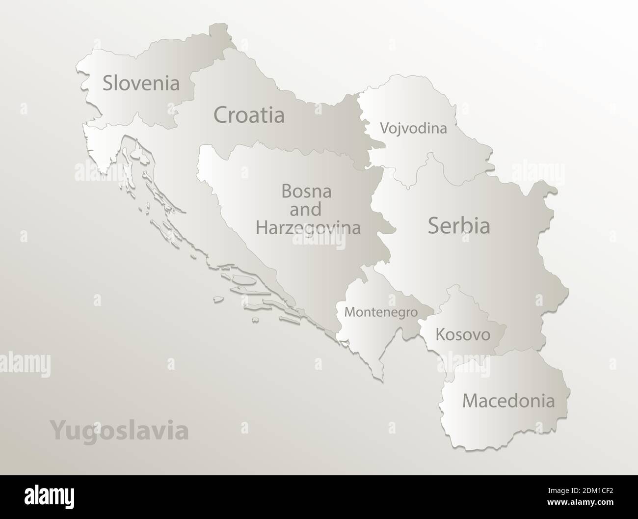 Carte de Yougoslavie, division administrative, sépare les régions et nomme les États individuels, papier de carte 3D vecteur naturel Illustration de Vecteur