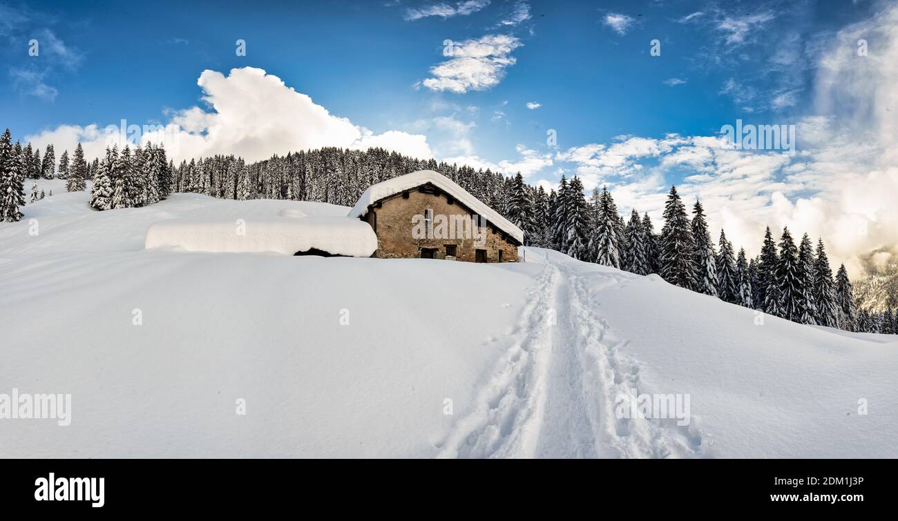 Une piste dans la neige de ski alpinistes avec des peaux Banque D'Images