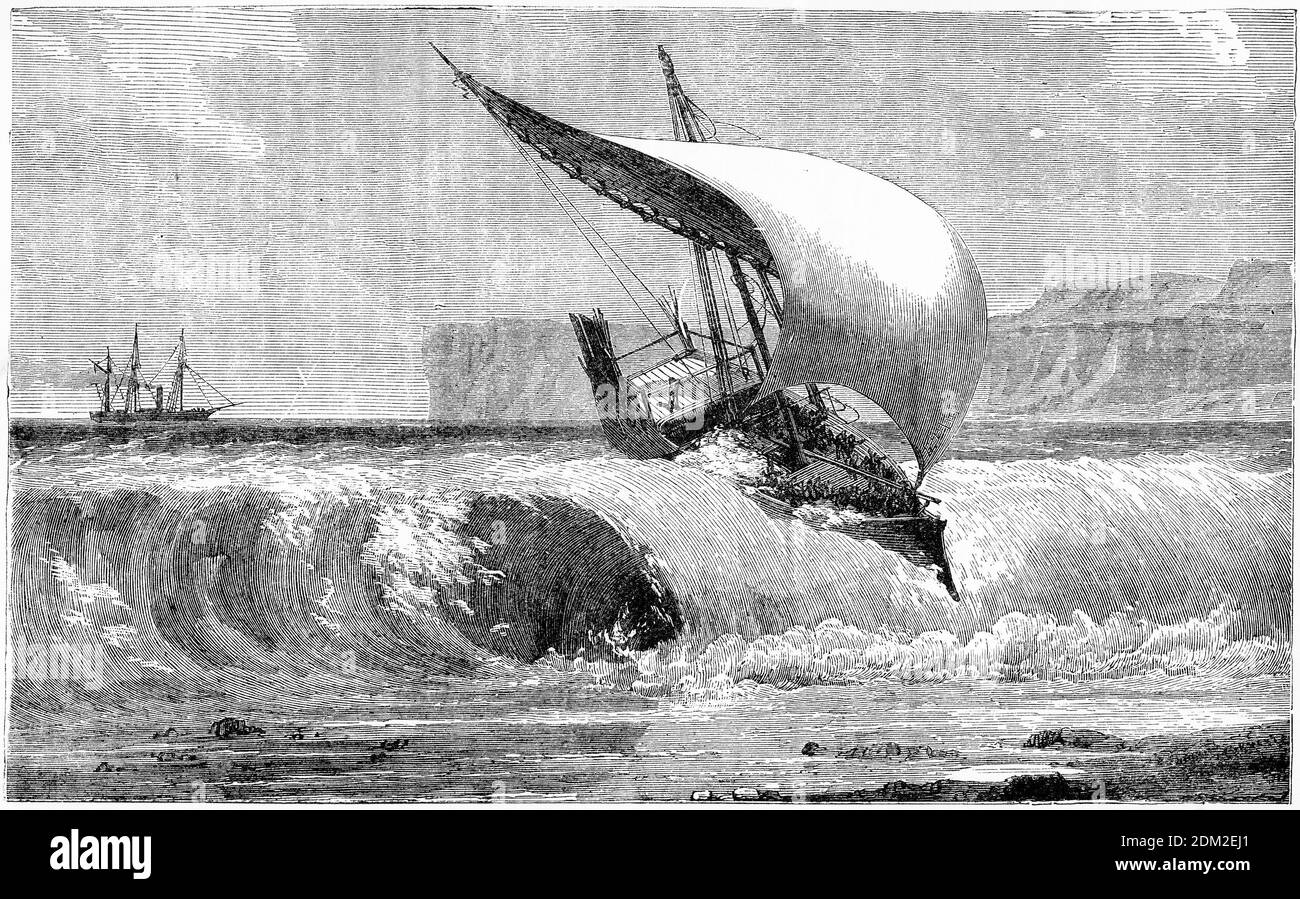 Gravure d'un dhow esclave se brisant en vagues Sur la côte de l'Afrique de l'est Banque D'Images
