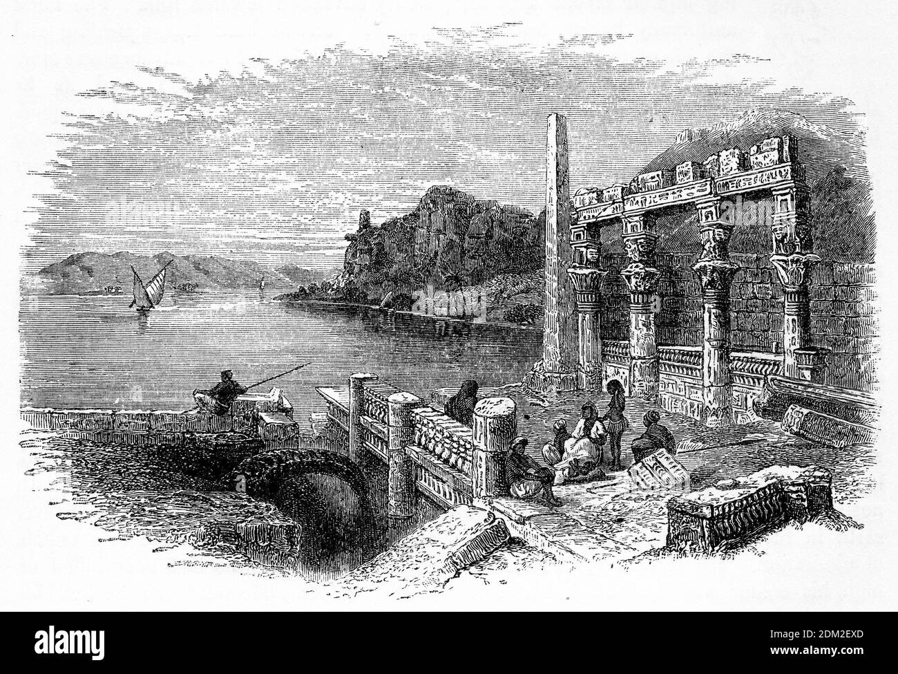 Gravure des ruines du temple de Philae dans Égypte Banque D'Images