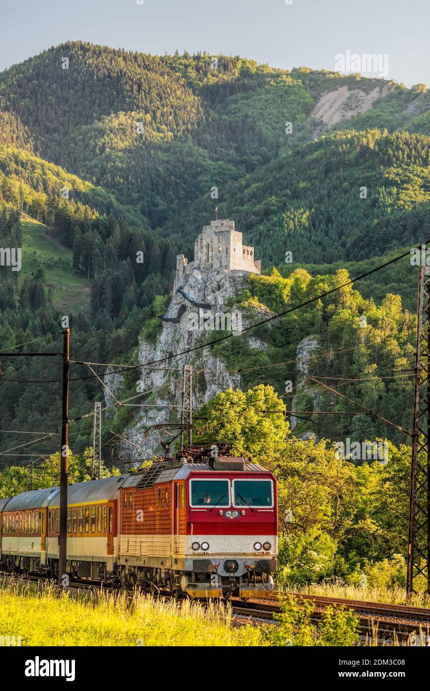 Train contre le château de Strecno en Slovaquie avec une belle nature Banque D'Images
