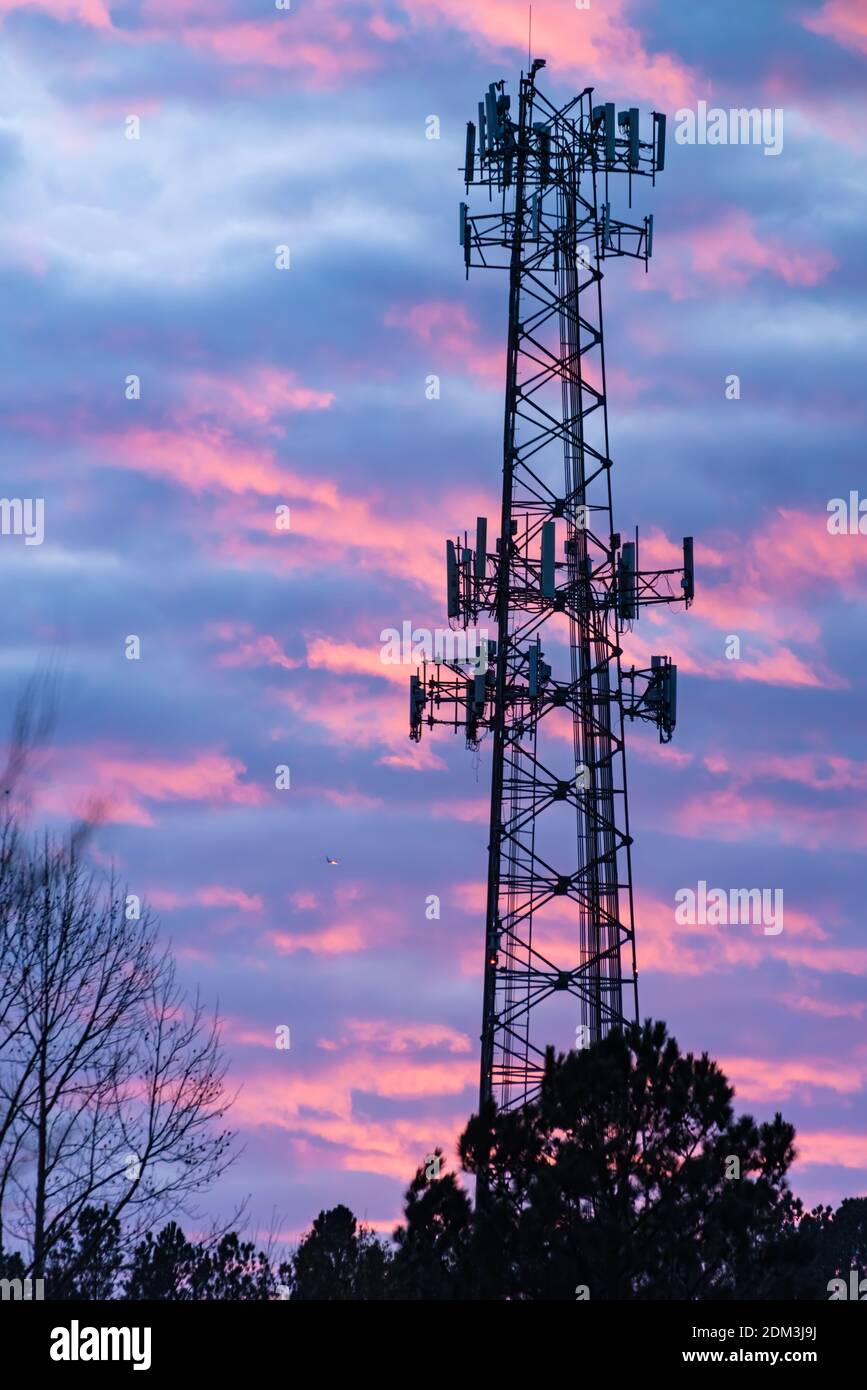 Tour de téléphone cellulaire silhoueté contre un ciel coloré de coucher de soleil près d'Atlanta, Géorgie. (ÉTATS-UNIS) Banque D'Images
