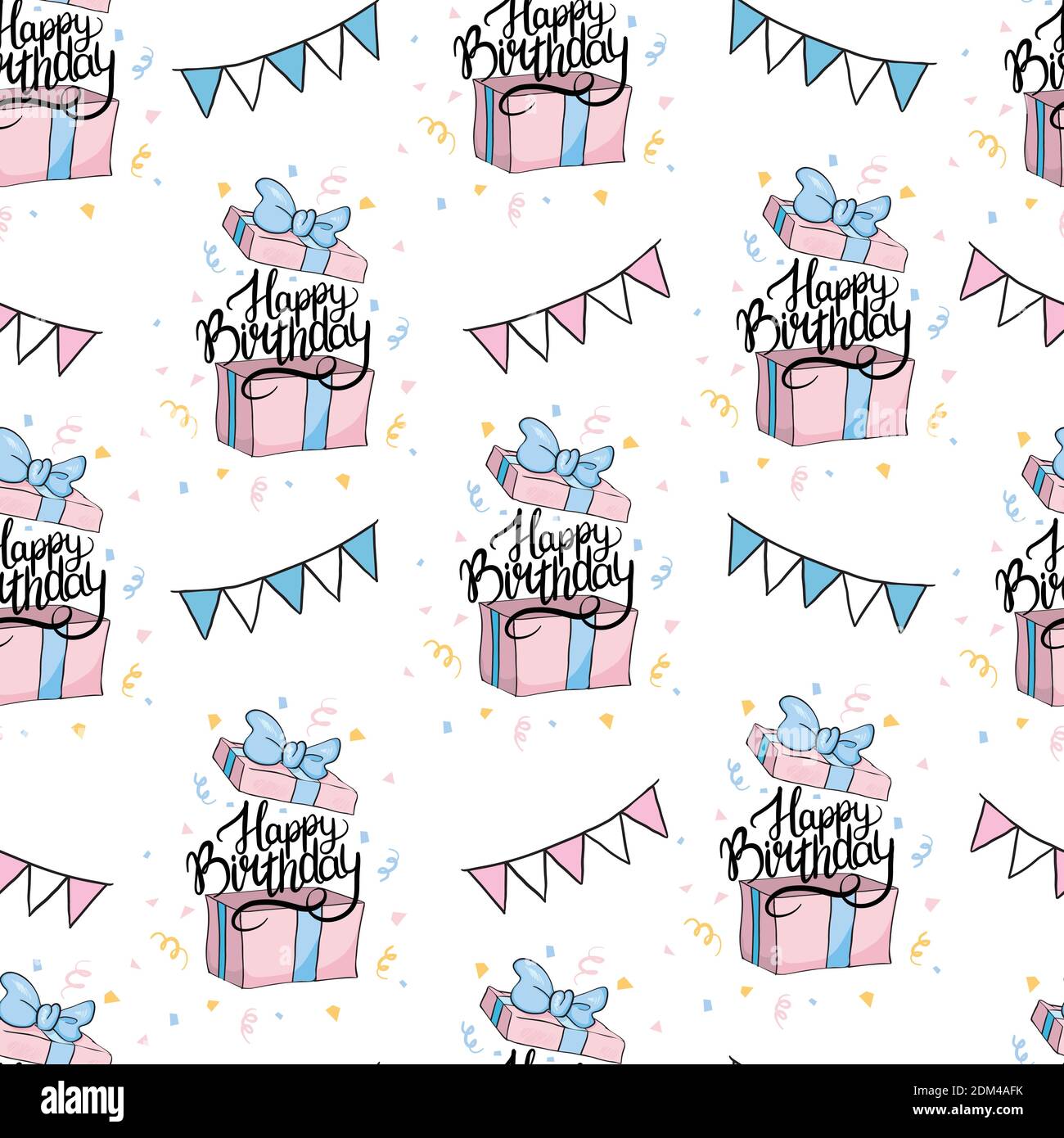 Motif d'anniversaire dessiné à la main sans couture avec cupcakes, ballons, boîtes-cadeaux, etc. En noir et blanc Illustration de Vecteur