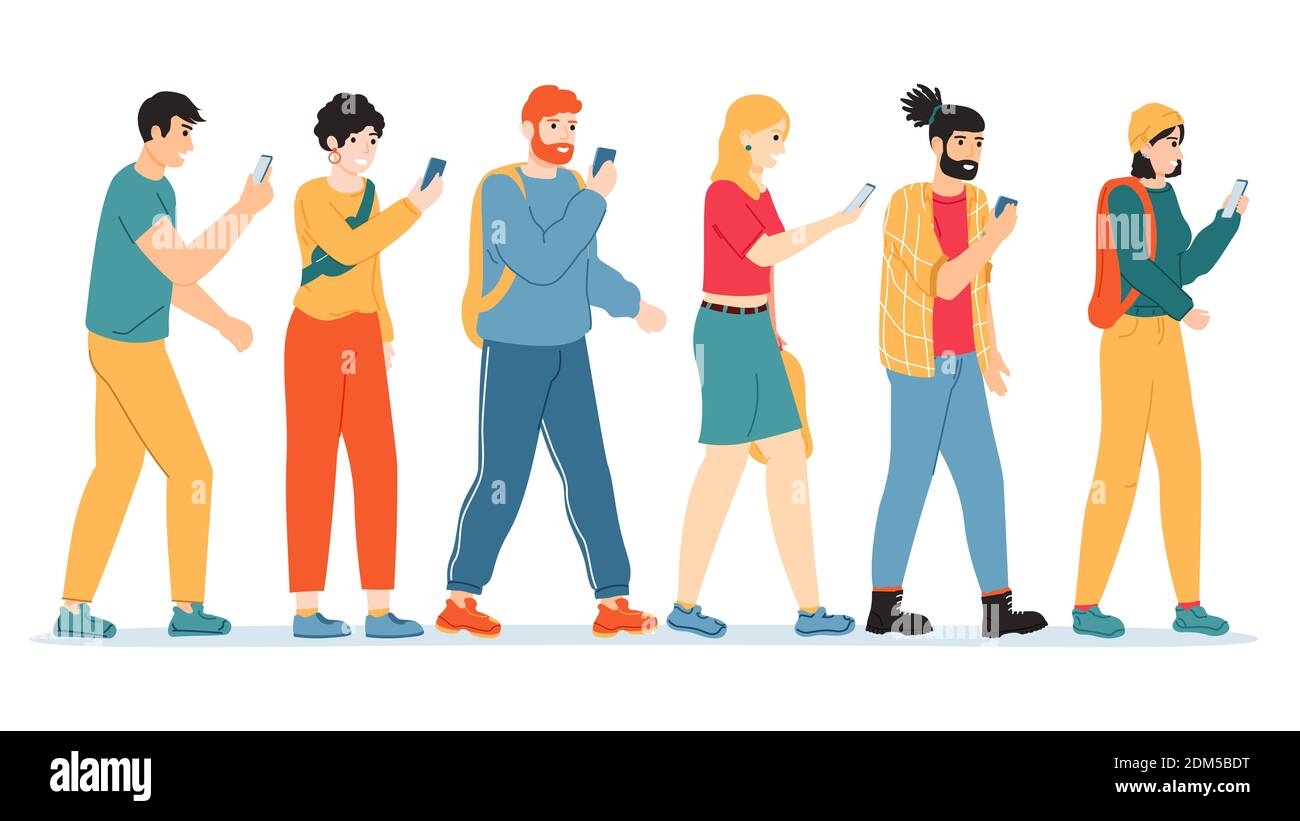 Addiction aux smartphones. Internet, les personnes dépendantes des médias sociaux, les hommes et les femmes personnages avec gadget addiction problèmes illustration de vecteur Illustration de Vecteur