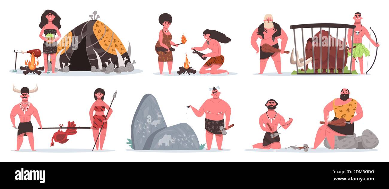 Personnages préhistoriques. Scènes de la vie de Caveman, grotte de l'âge de pierre et cabane. La chasse, la cuisine et la collecte de personnes primitives illustrations vectorielles Illustration de Vecteur