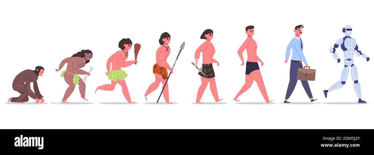 Évolution humaine. Développement de personnage masculin de singe à cavean, homme d'affaires et ai cyborg. Illustration du vecteur d'évolution de l'anthropologie Illustration de Vecteur