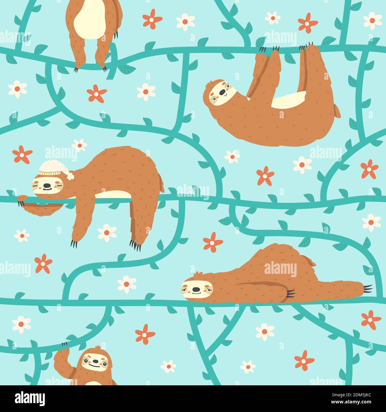 Joli motif de paresseux. Paresseux paresseux tropical suspendu sur l'arbre, jungle animaux personnages vecteur illustration d'arrière-plan. Animaux de forêt tropicale amusants Illustration de Vecteur