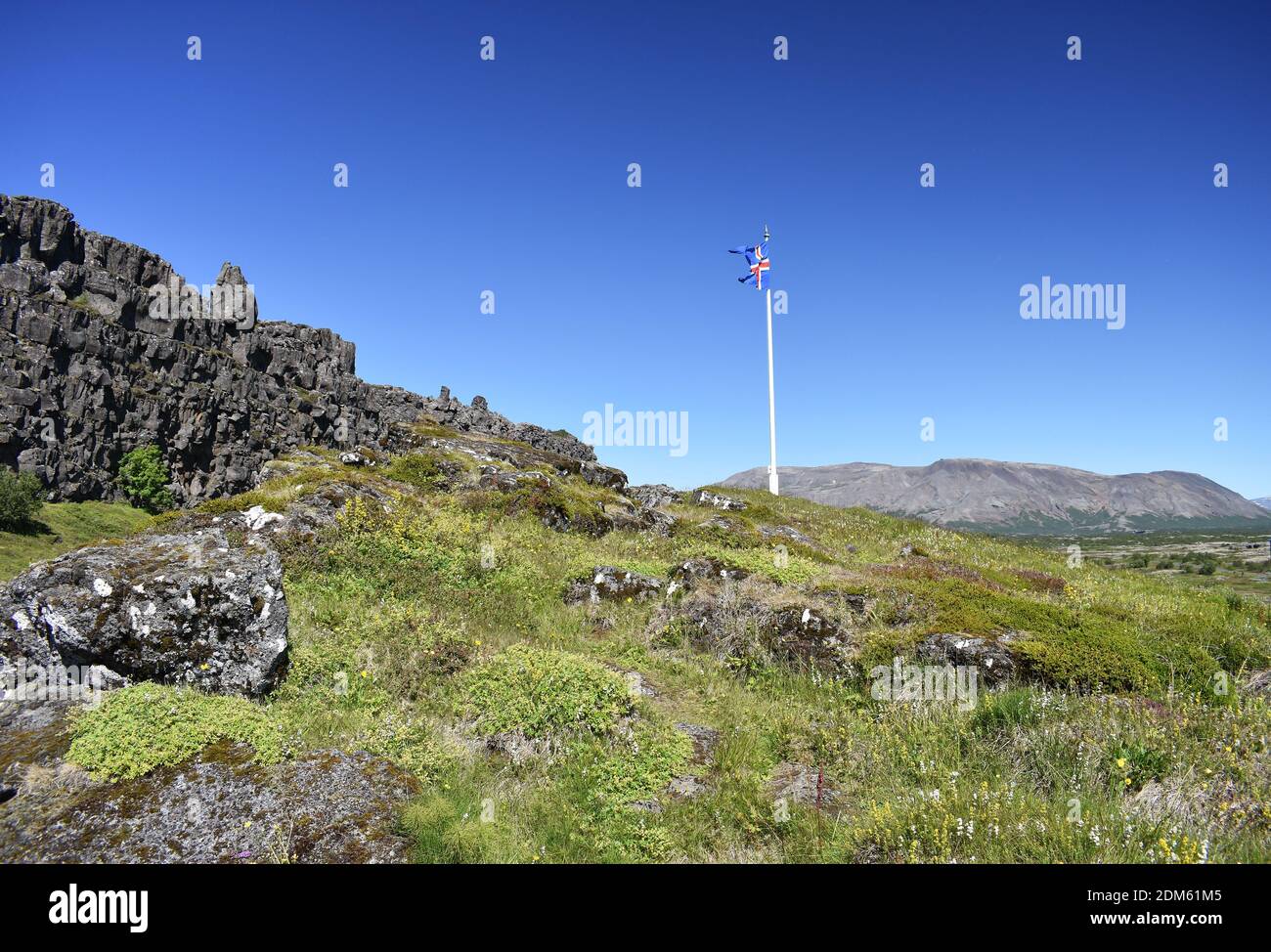 Un mât battant pavillon islandais se dresse au milieu des falaises de basalte dans le parc national de Thingvellir, sur le site du premier Parlement du pays. Banque D'Images
